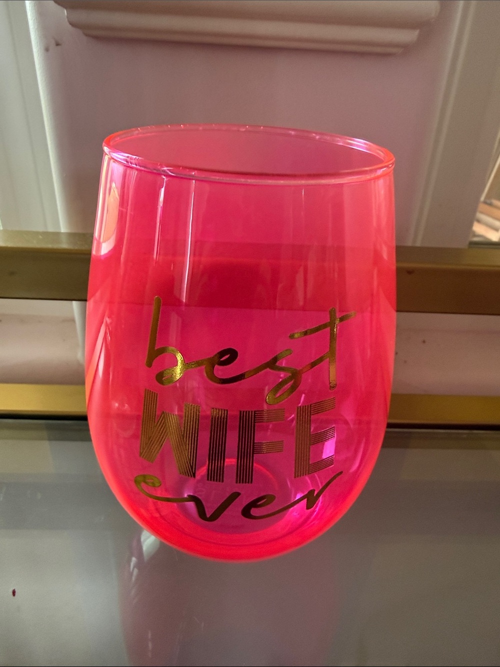 “Best Wife Ever” Jumbo Pink/Gold Neon Wine Cocktail Glass  Novelty Gift Slant Co